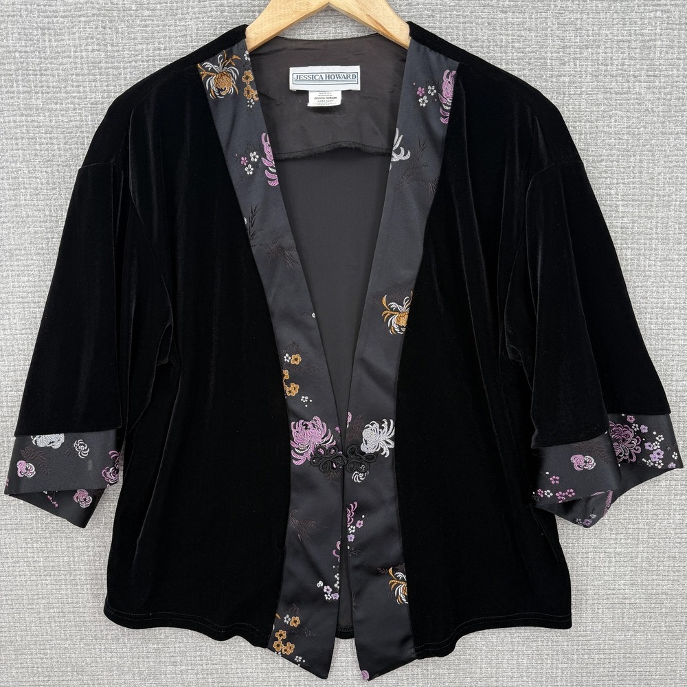 Jessica Howard Jacket Womens 12‎ Black Velvet Floral Kimono 3/4 Sleeve USA